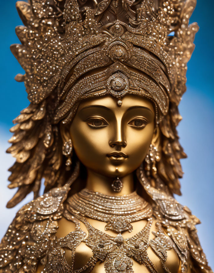 Golden statue of female deity with intricate headgear and jewelry on blue background