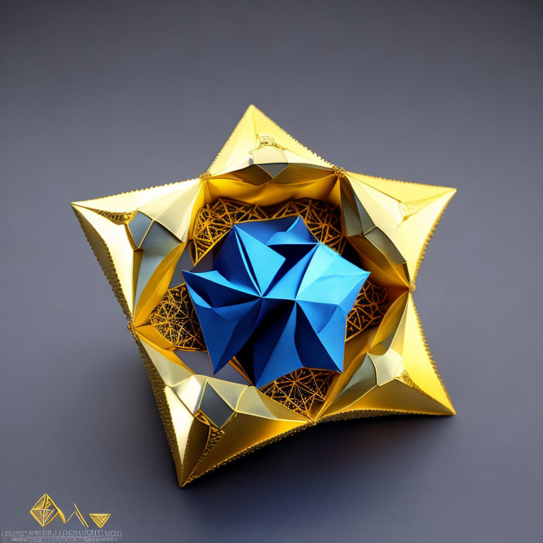 Layered Gold and Blue Origami Star Sculpture on Grey Background