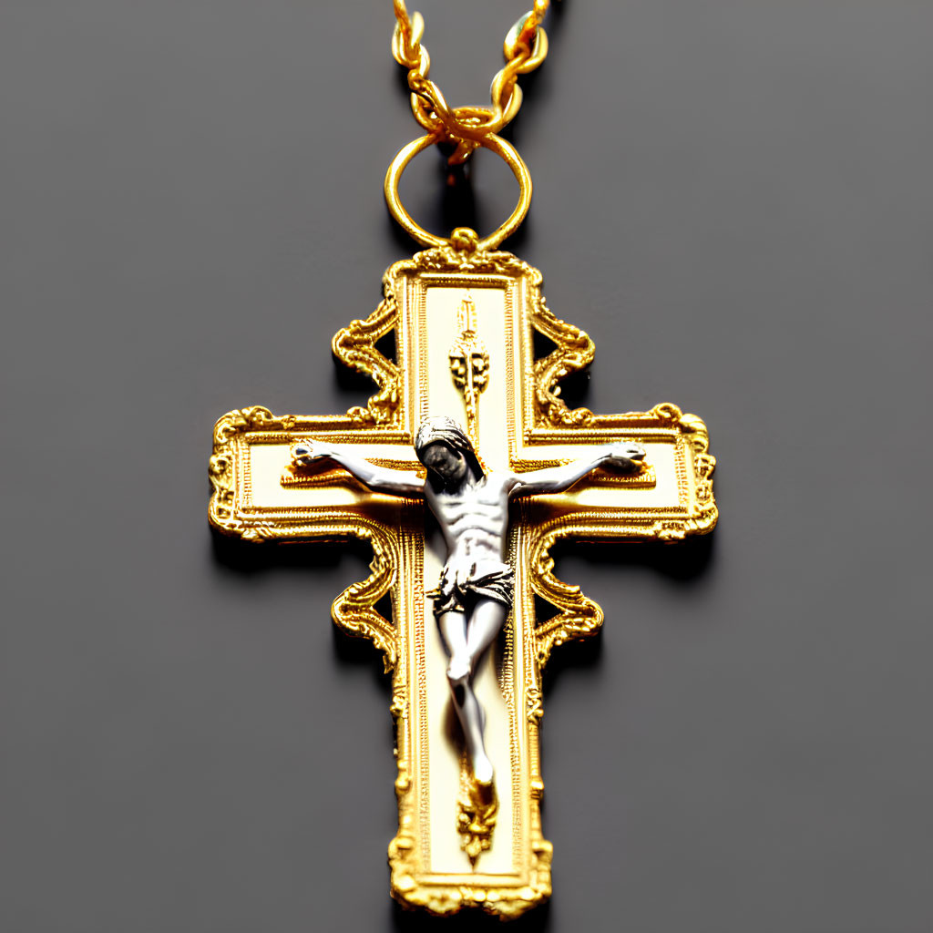 Detailed Jesus Figure on Gold Crucifix Pendant Hanging from Chain