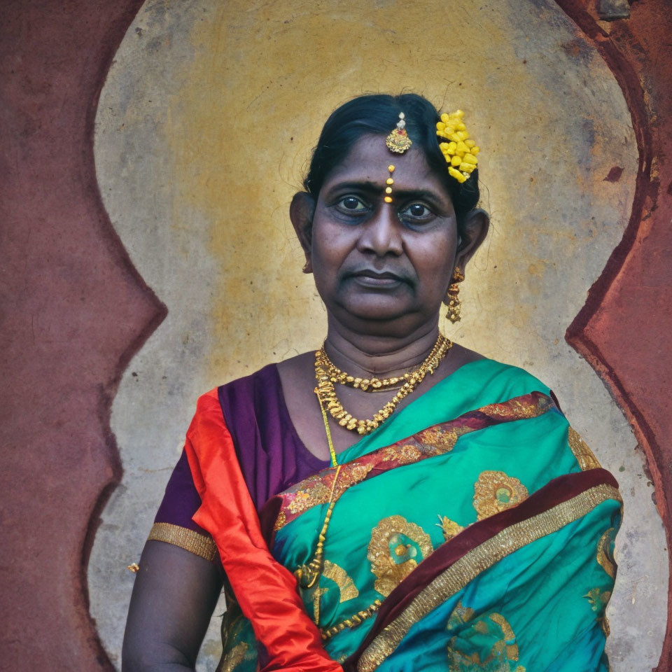 Traditional Indian attire woman in serene pose before textured wall