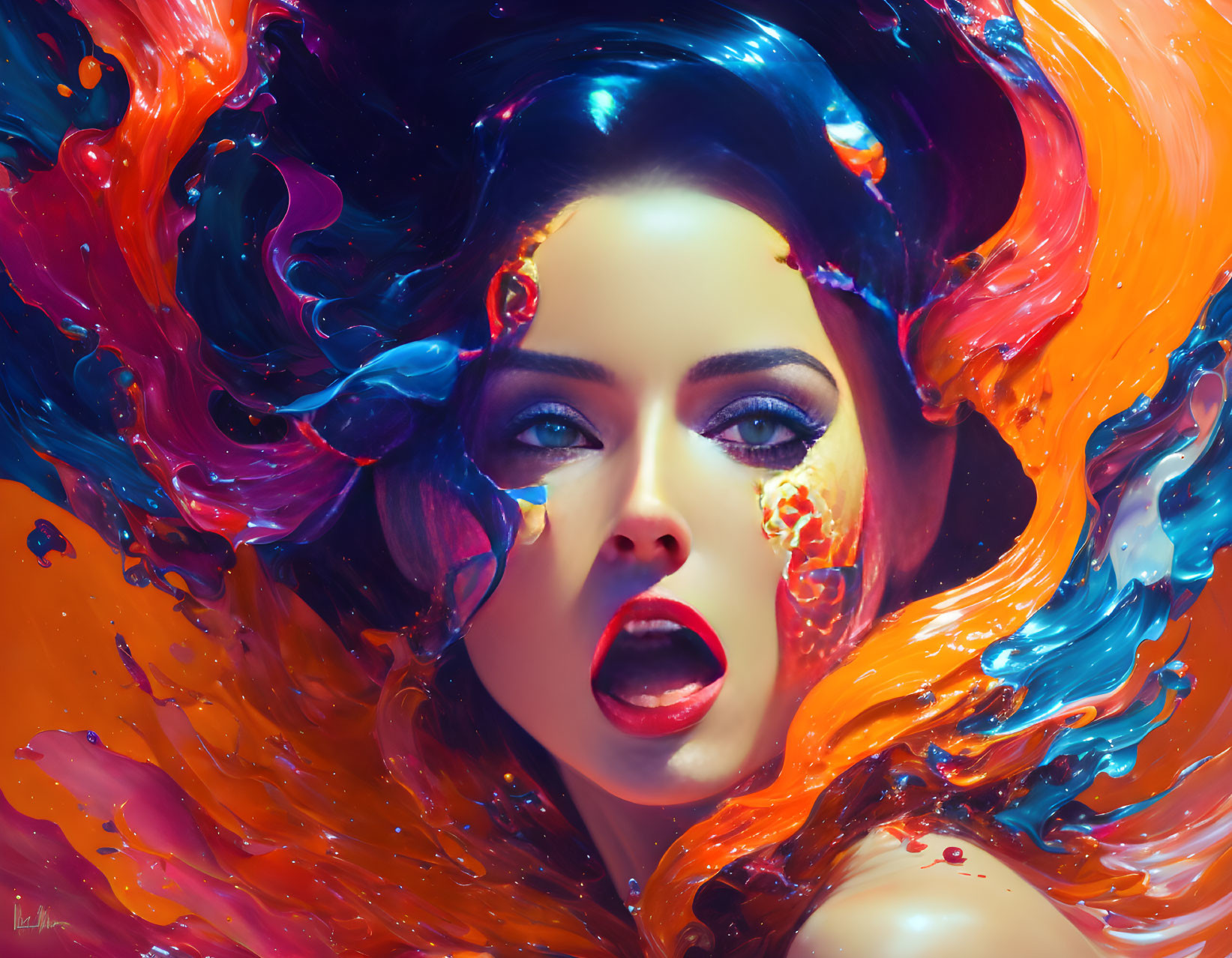 Colorful portrait of woman with swirling paint blending into hair and surroundings