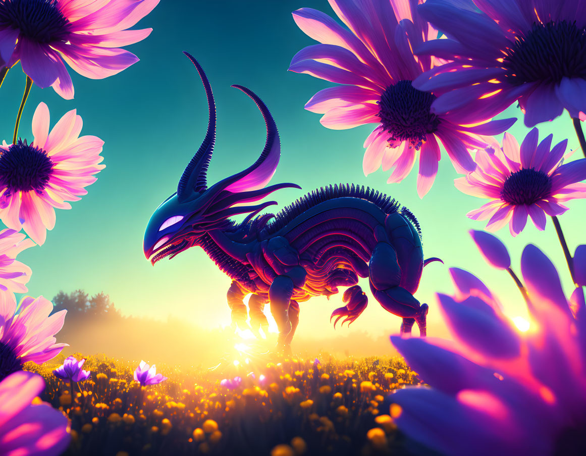 Fantastical creature with horns and spiked ridges in vibrant purple daisies