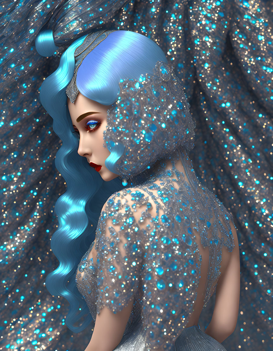 Blue-haired woman in glittering dress illustration.