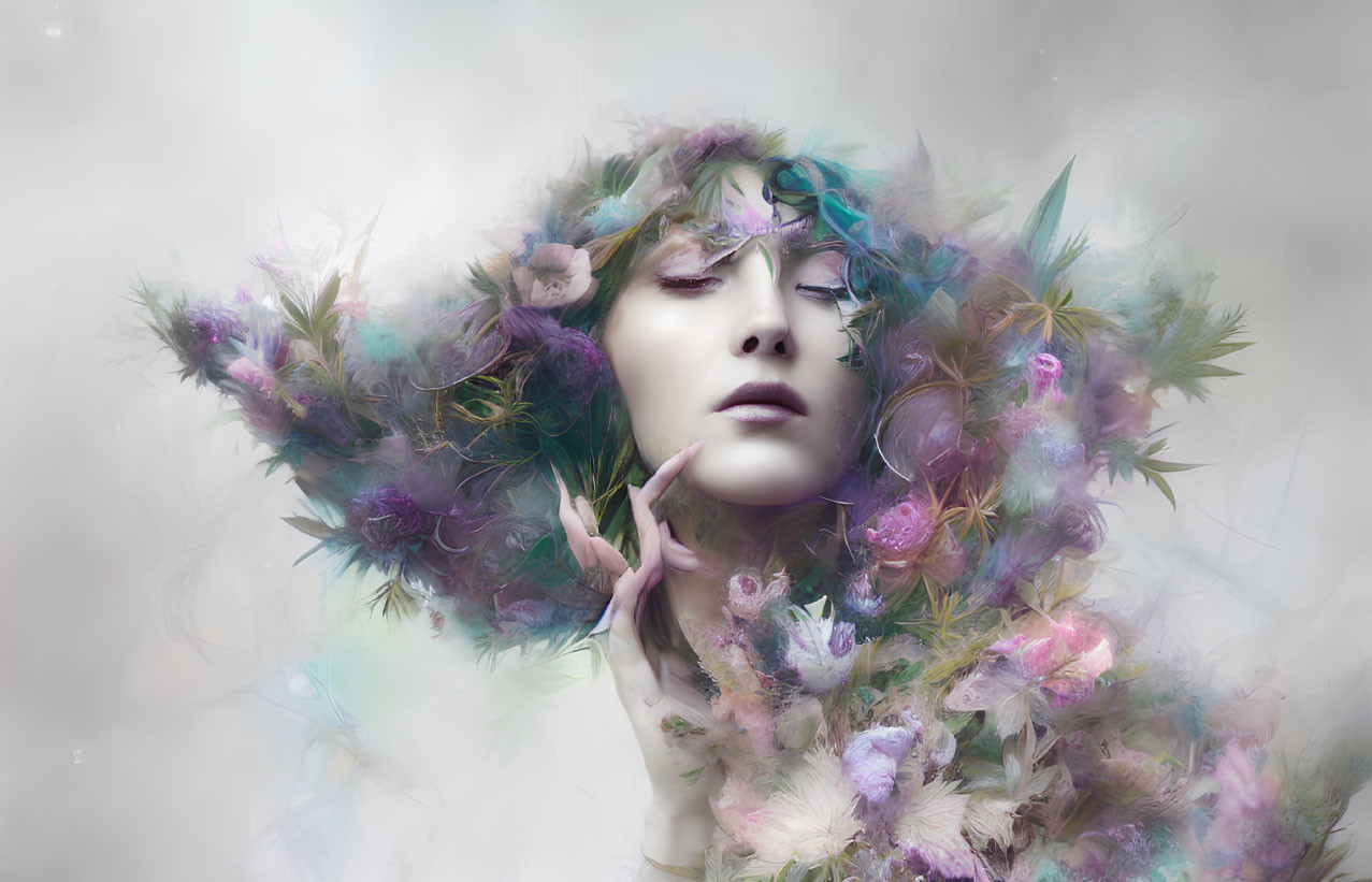 Colorful Flowers Surround Person in Surreal Portrait