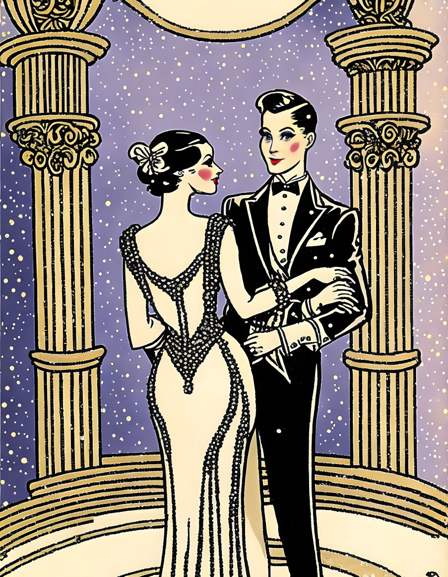 Vintage illustration of elegantly dressed couple under starry night sky