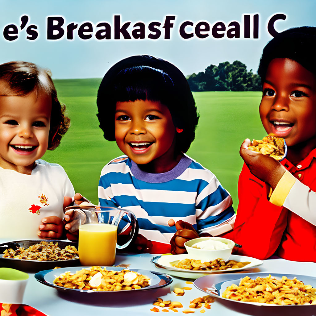 Three children enjoying breakfast with cereal and orange juice, text overlay with typo.