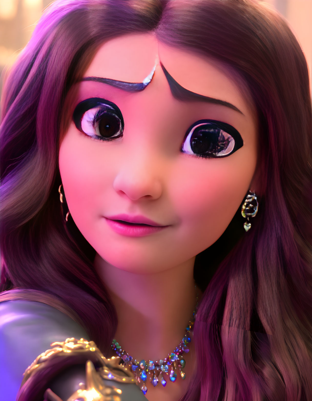 Detailed rendering of animated female character with large eyes and purple attire, wearing a jeweled tiara against