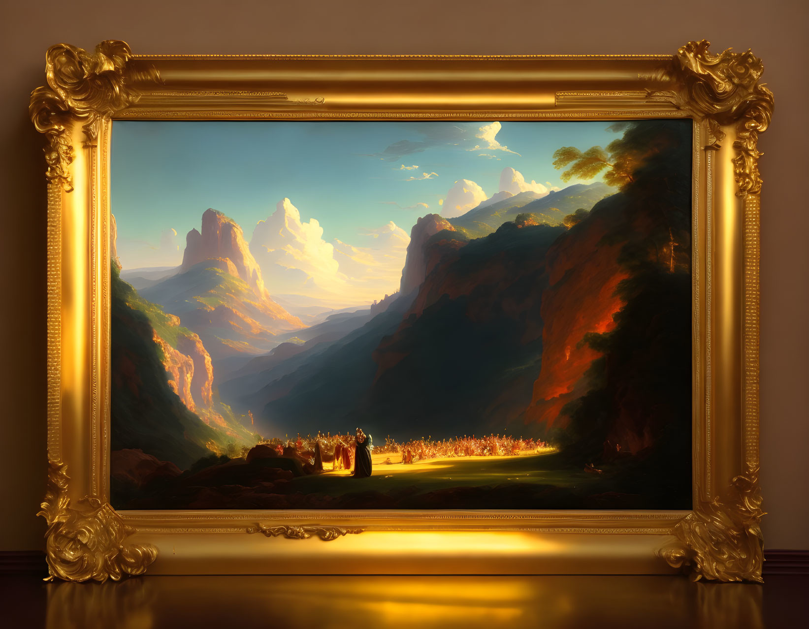 Landscape painting in ornate gold frame: illuminated mountain peaks, valley with figures in warm light