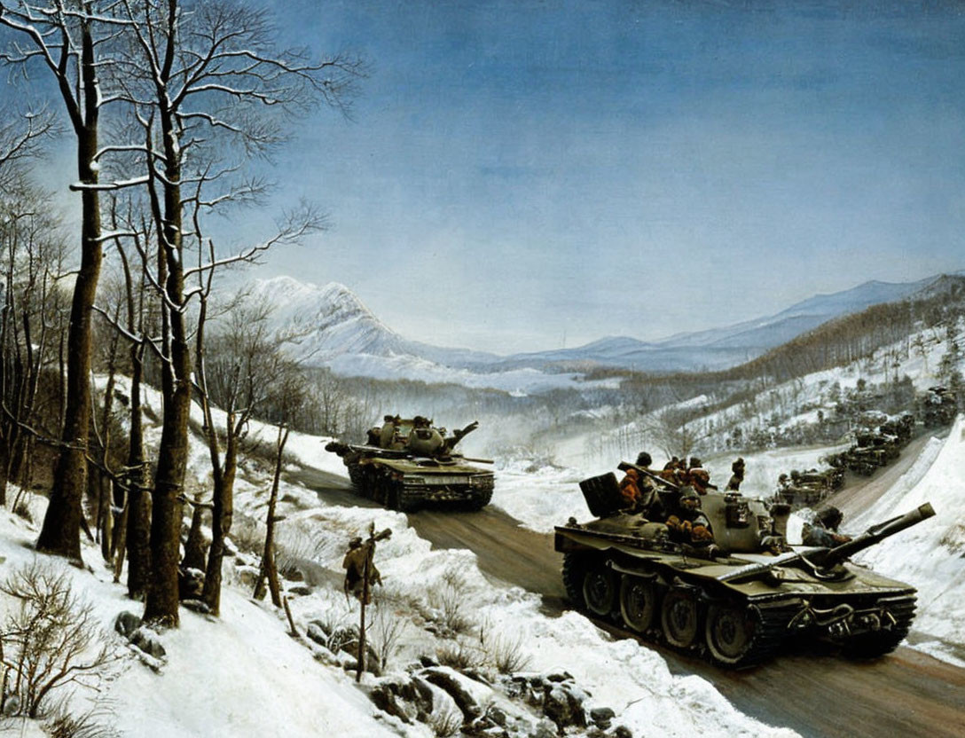 Snowy Military Tanks Moving Through Bare Winter Landscape