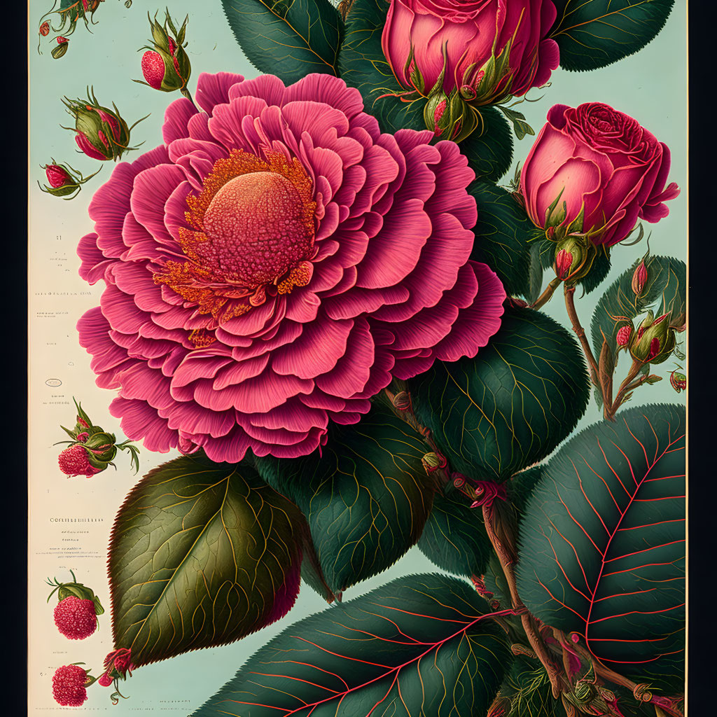 Botanical illustration of vibrant pink peony on teal background