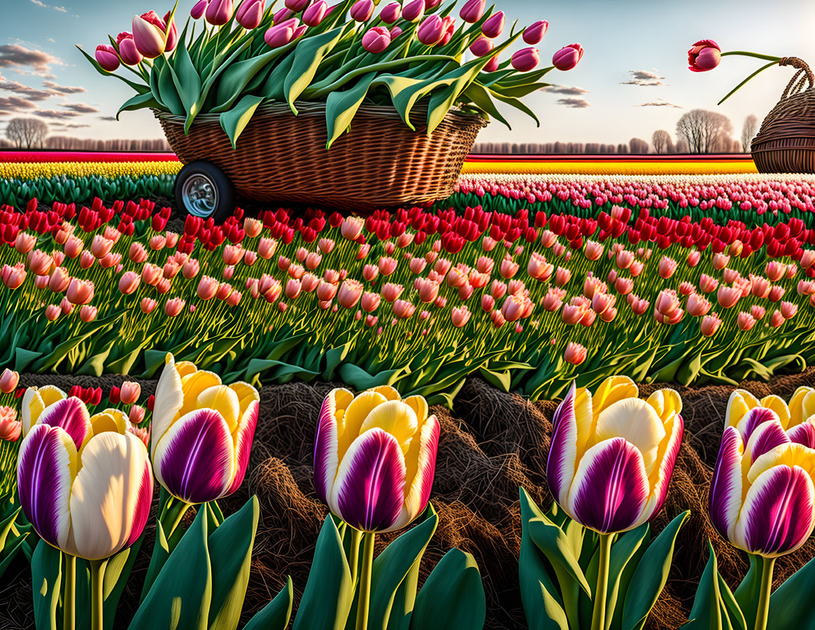 Colorful Tulip Field Sunset Scene with Basket and Blue Sky