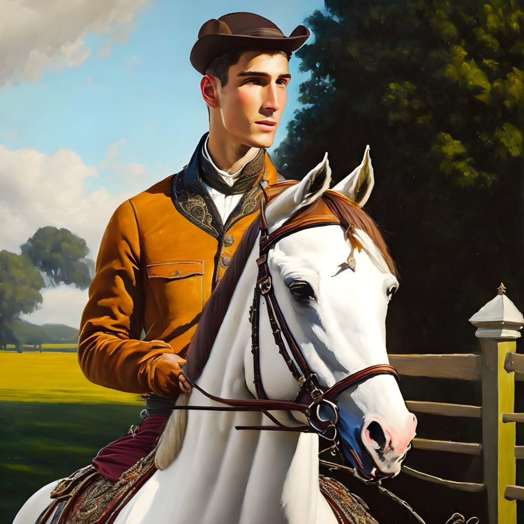 Young man in brown hat and yellow-brown jacket riding white horse near fence and trees.