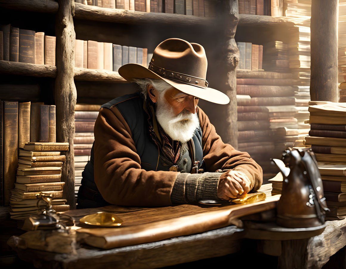 White-bearded cowboy reading at wooden table in book-filled room