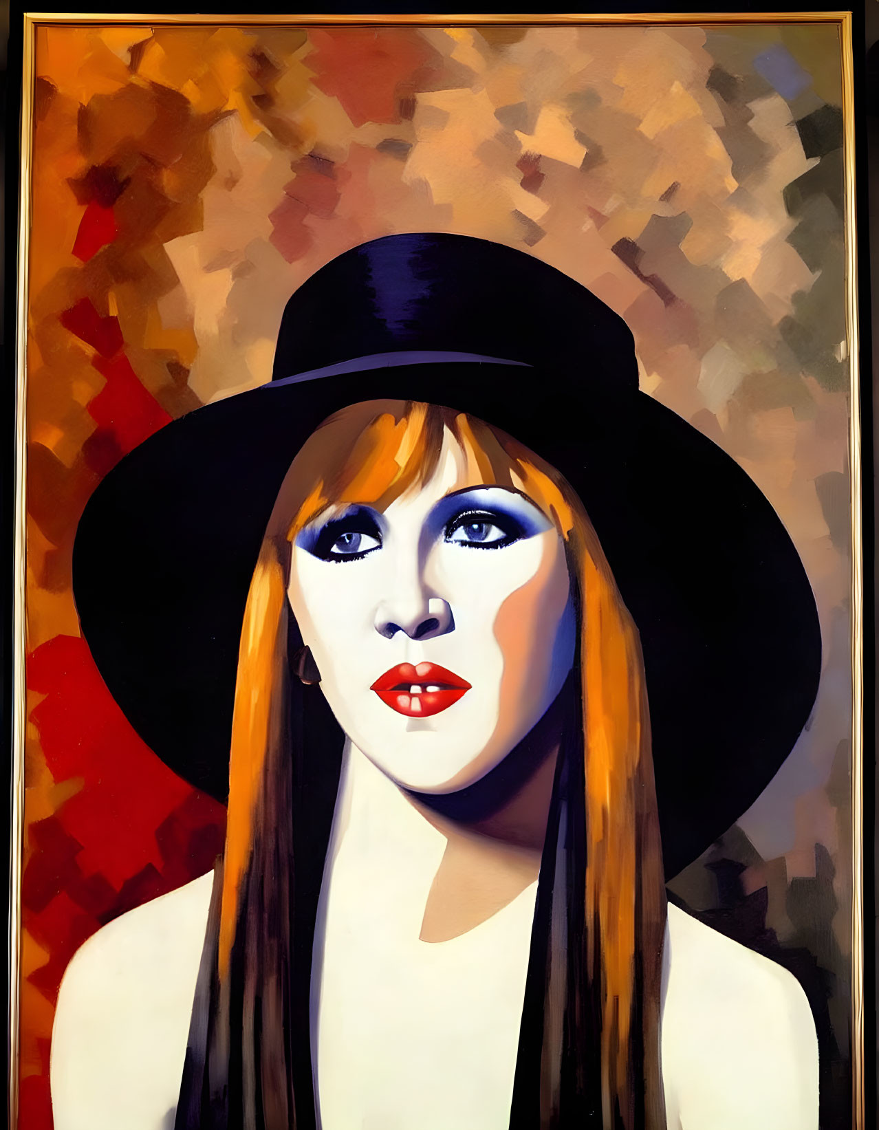 Vibrant pop art portrait of woman with black hat and red lips