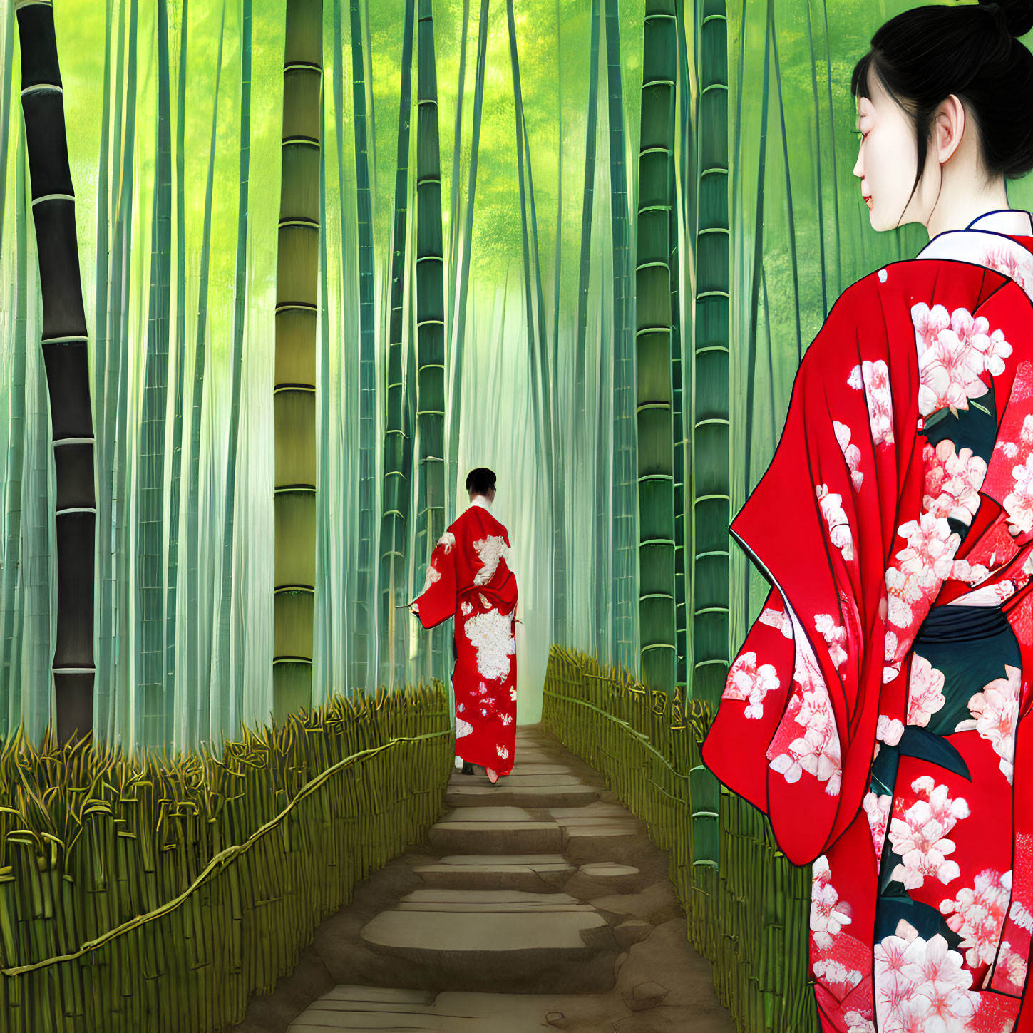 Woman in Red Kimono Walking Through Bamboo Forest