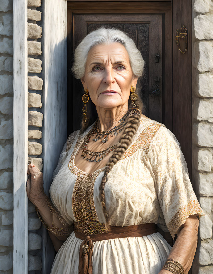 Elderly woman with gray braided hair in traditional dress by wooden door