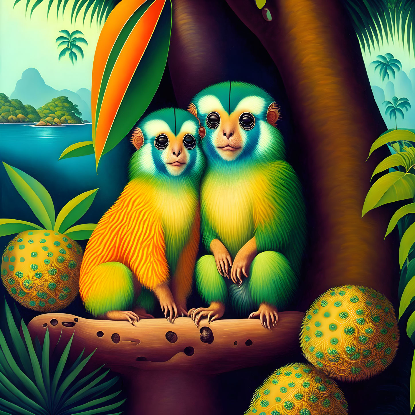 Colorful Stylized Lemurs on Branch in Tropical Setting