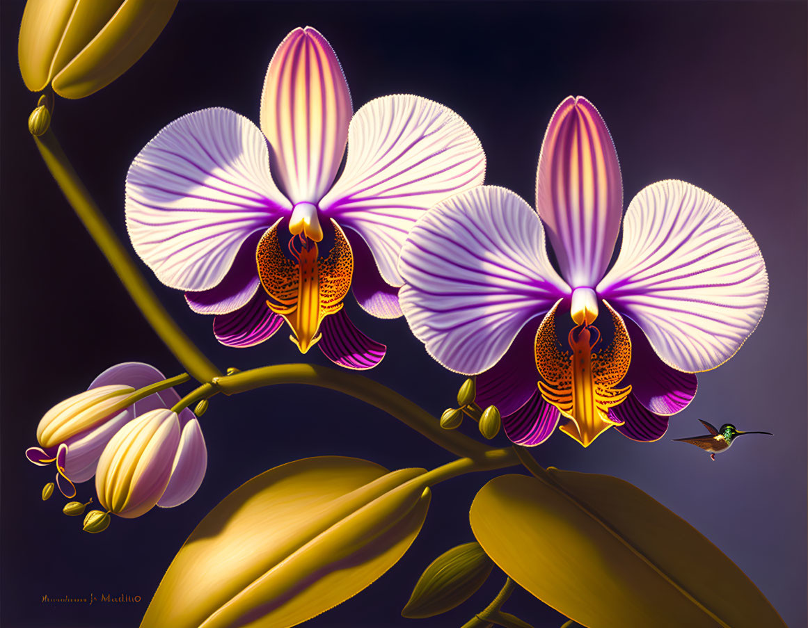 Purple and White Orchids with Hummingbird on Dark Background