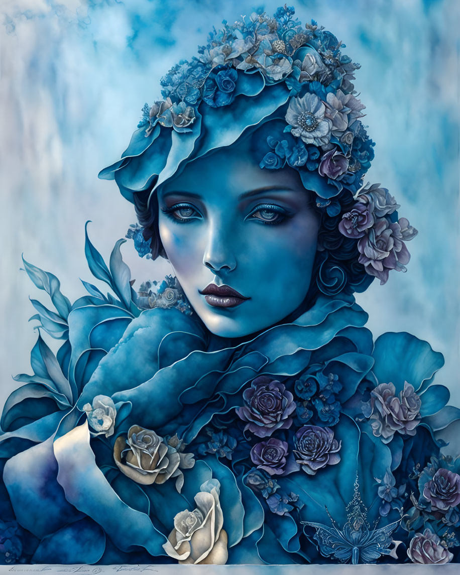 Blue-toned surreal portrait of a woman with floral elements in hair and clothing against floral background