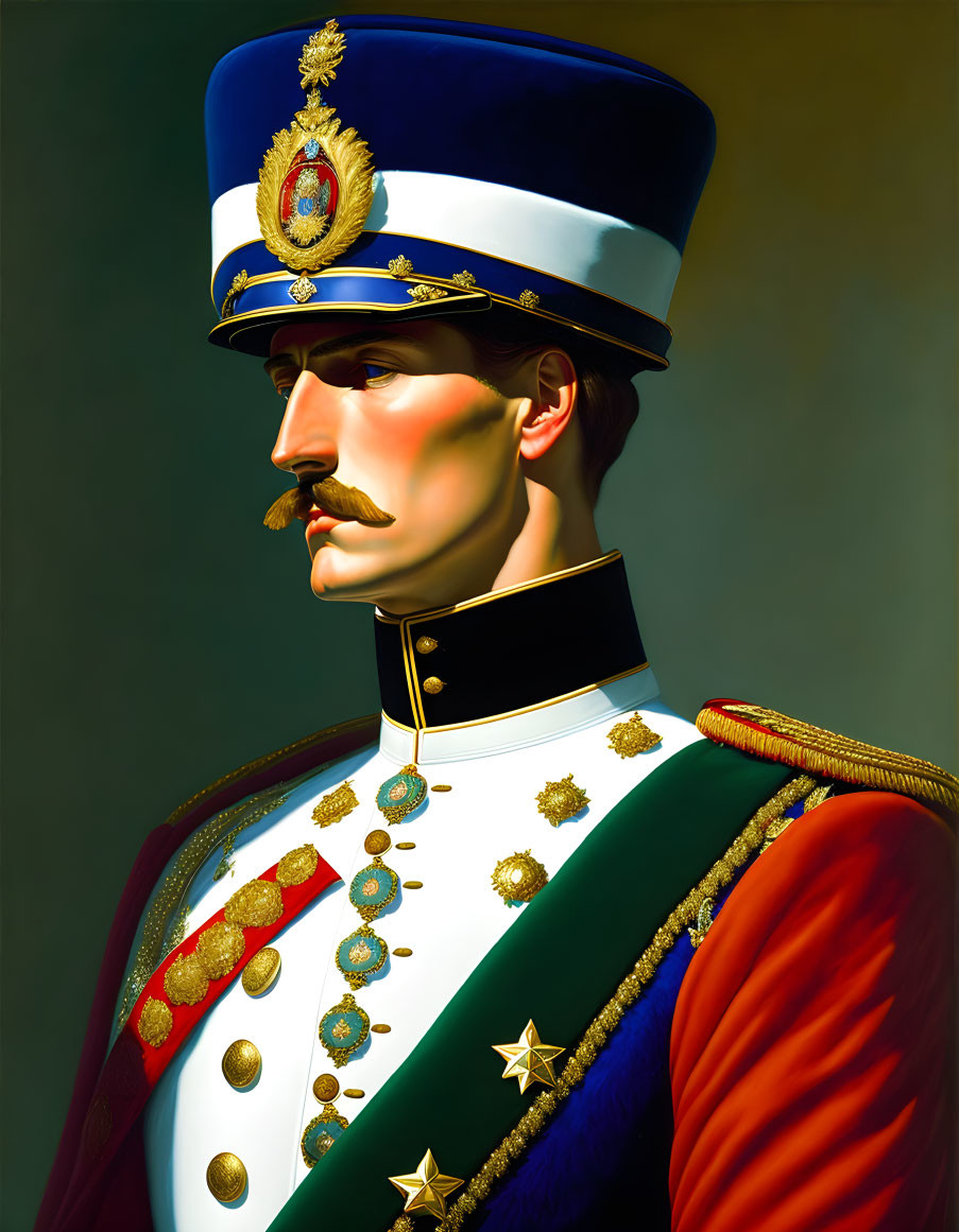 Decorative military uniform portrait with high-collared jacket and cap.