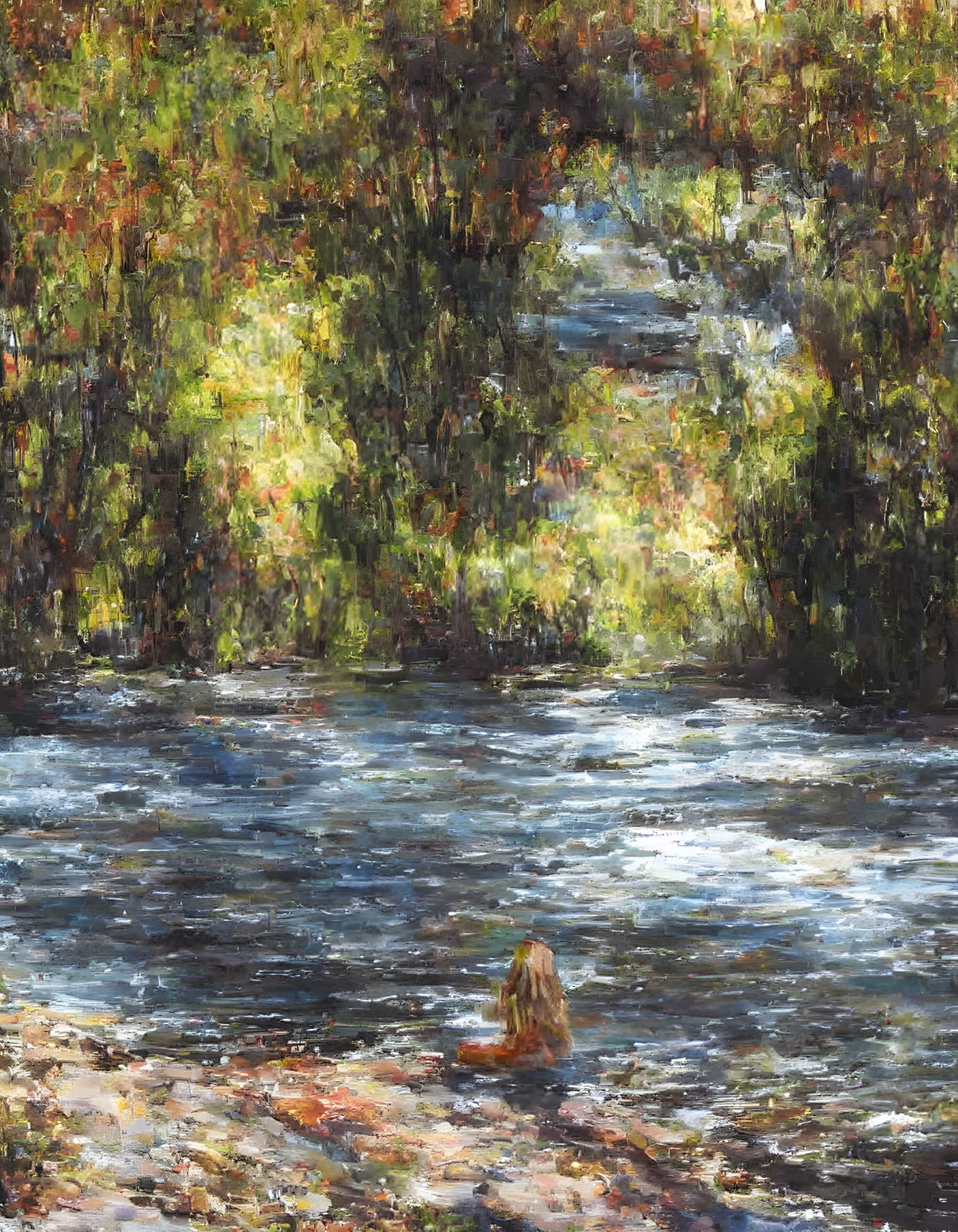 Impressionist painting of person in river with lush trees and sunlight