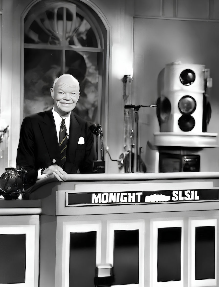 Monochrome image of caricature-like person with "MIDNIGHT SLSSL" on desk,