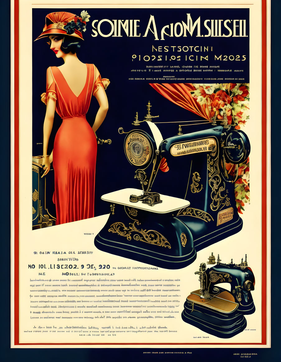 Elegant woman and ornate sewing machines in vintage ad