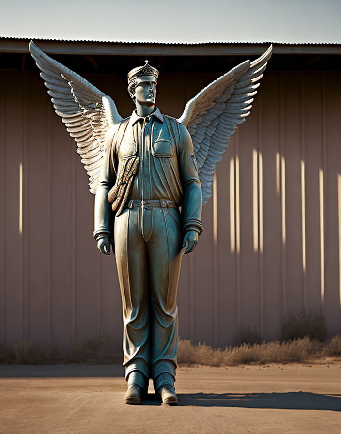 Angelic figure statue in police uniform with wings and sword against building backdrop