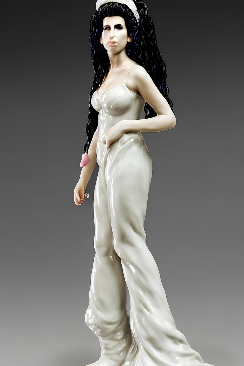 Porcelain figurine of woman in white gown with pink flower on grey backdrop