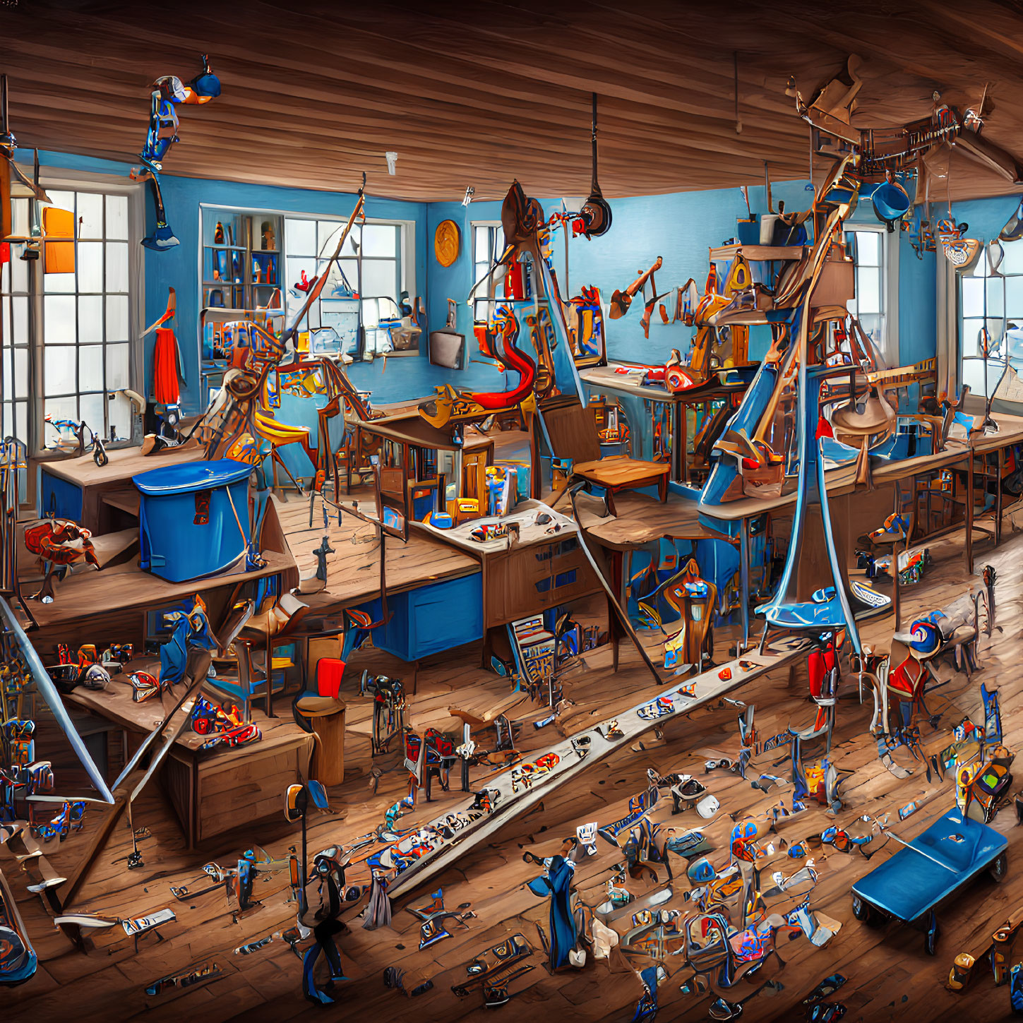 Detailed whimsical illustration of a chaotic carpentry workshop with anthropomorphic tools.