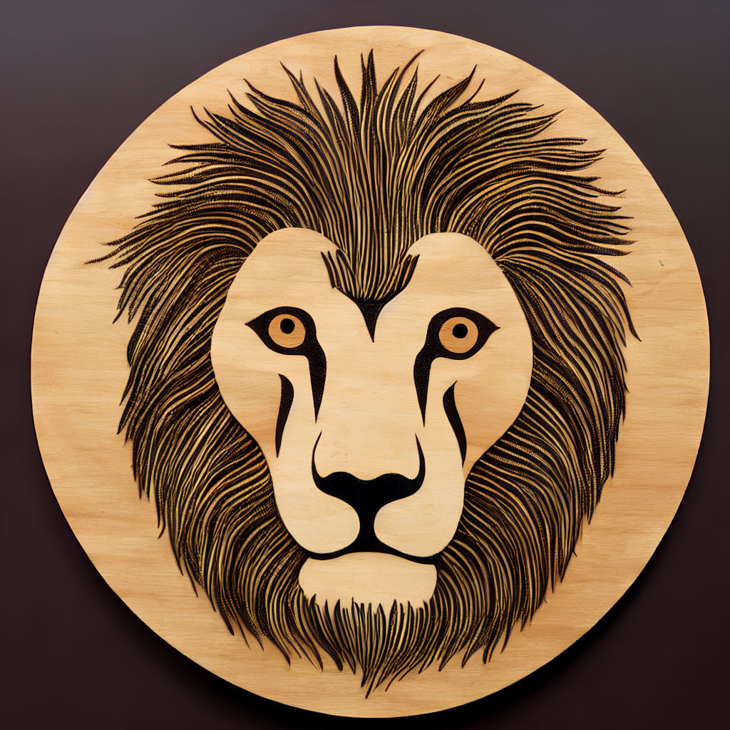 Detailed Lion Face Wood Carving on Circular Backdrop