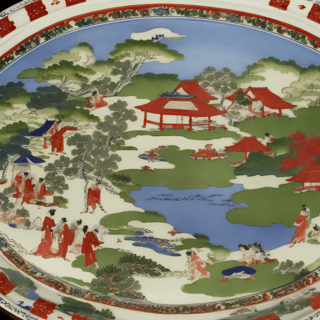 Circular Chinese Painting of Traditional Landscape with Red-Roofed Pavilions and People in Red Att