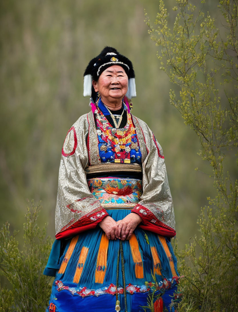 Elderly woman in colorful traditional clothing and jewelry against natural backdrop