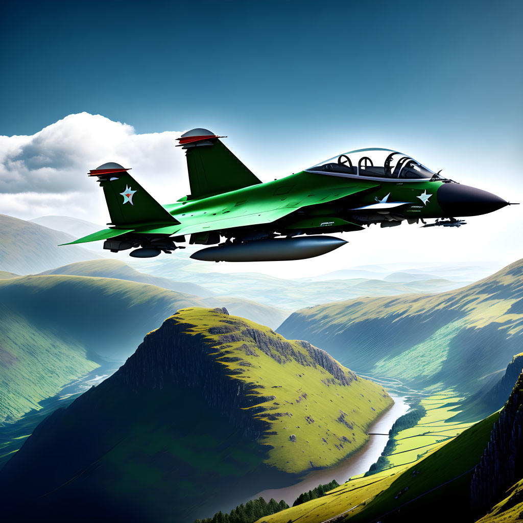 Military fighter jets flying over scenic green valley with river and hills under partly cloudy sky