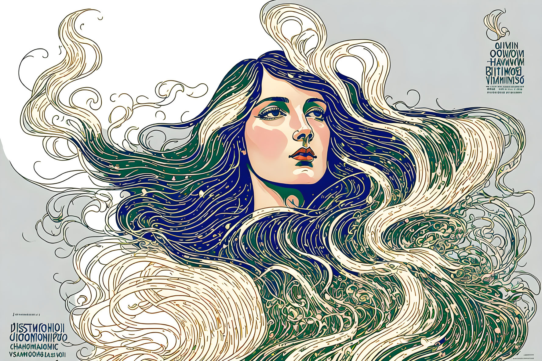 Stylized Art Nouveau woman illustration with flowing hair in blues, greens, and yellows