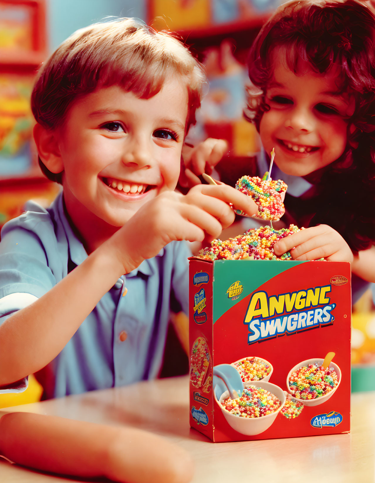 Children playing with colorful cereal box and bowls on table.