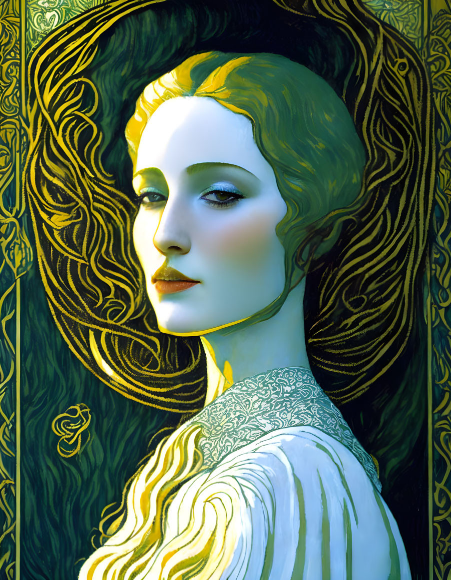 Art Nouveau Style Portrait of Woman with Flowing Hair and Decorative Patterns