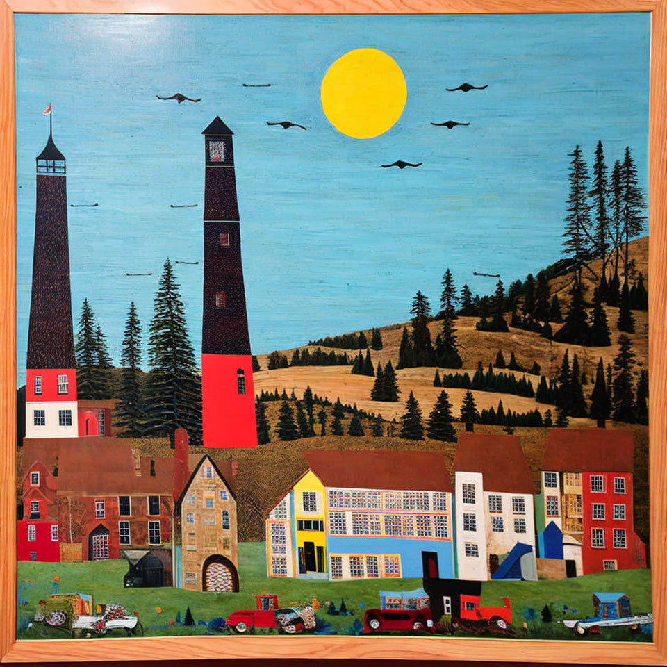 Vibrant Folk Art Painting of Coastal Village with Lighthouses and Birds