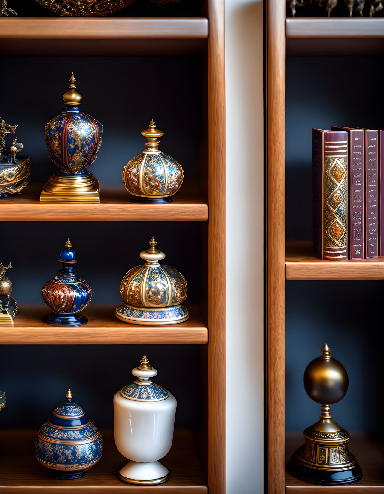 Wooden shelf showcasing porcelain urns and books on dark background