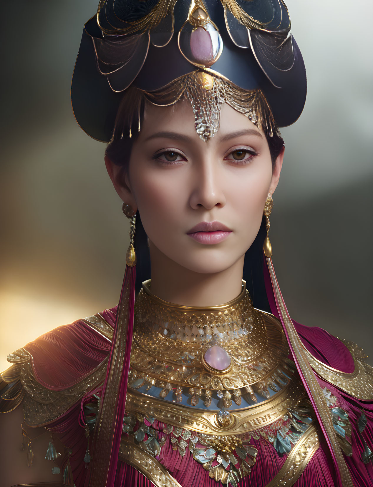 Elaborate historical attire woman with jeweled headdress and gold necklace