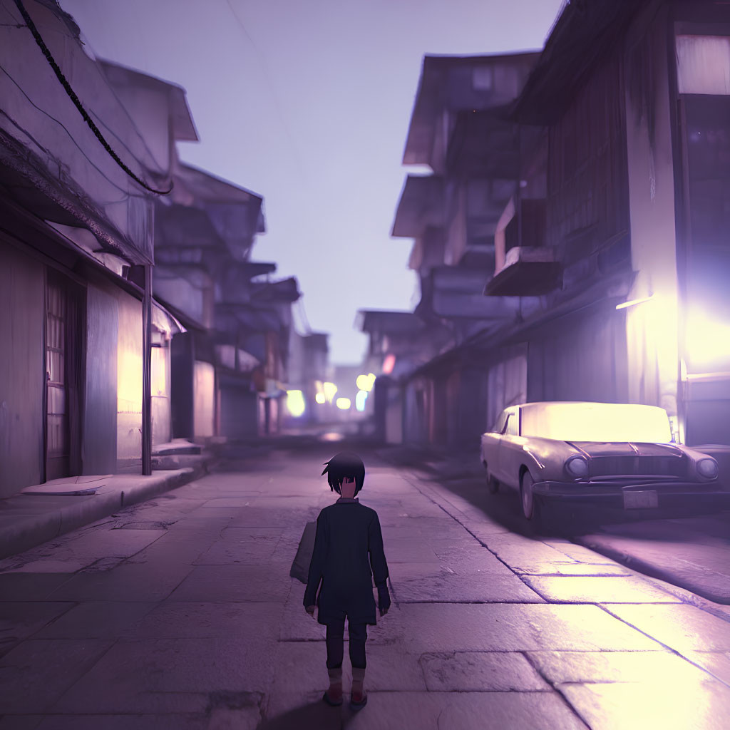 Young boy on dimly lit street with vintage car and old buildings at dusk