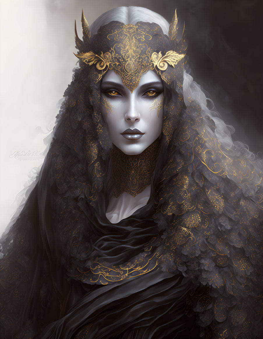 Portrait of Woman in Golden Mask and Dark Cloak