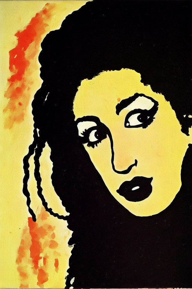 Stylized woman portrait with bold features on yellow background.