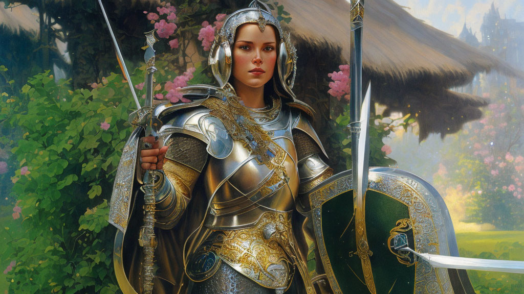 Female warrior in silver and gold armor with sword and shield in digital painting