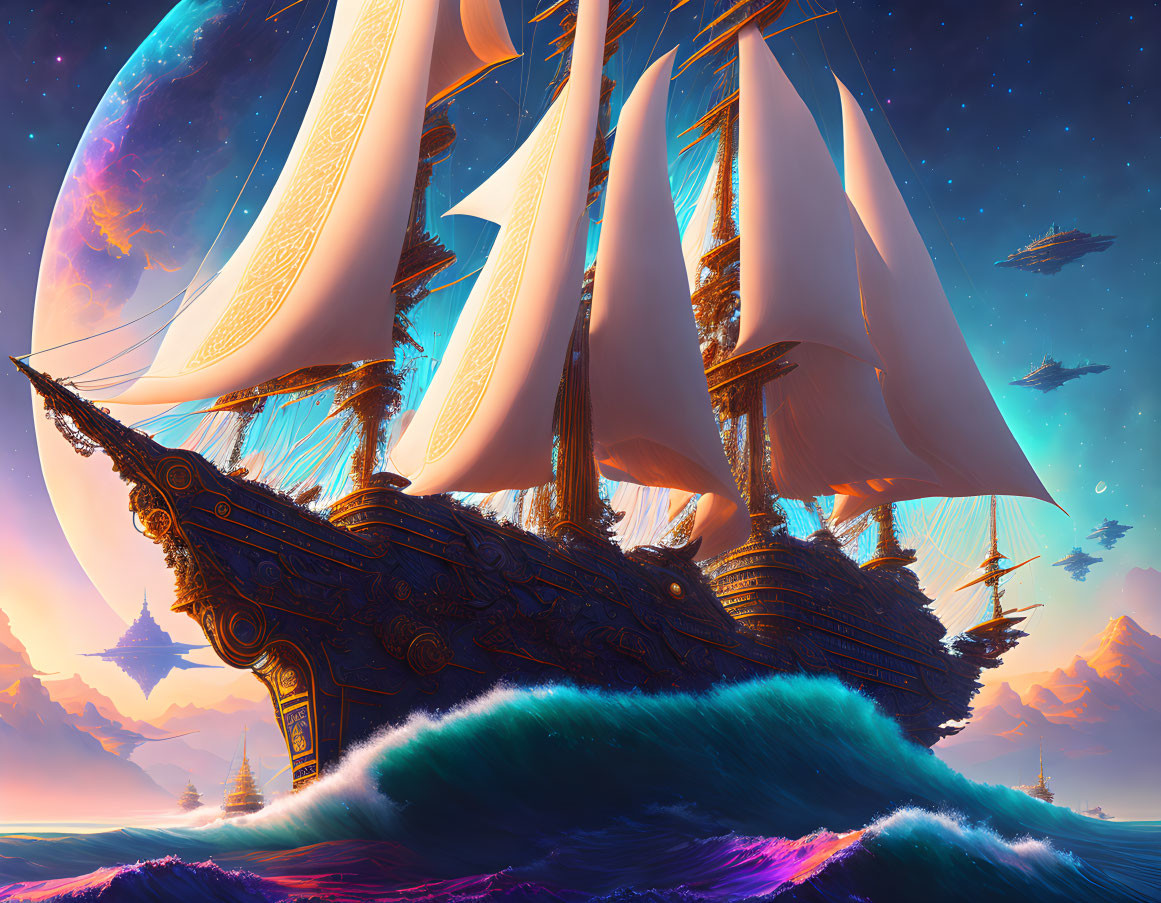 Fantasy ship sailing on wave in colorful alien world