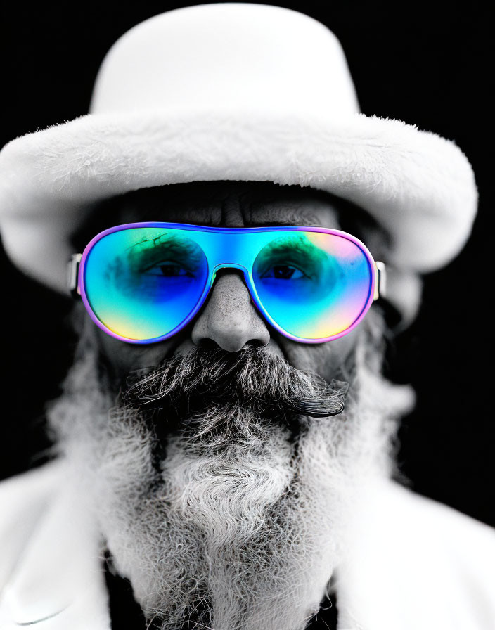 Bearded man in white hat and colorful sunglasses on black background