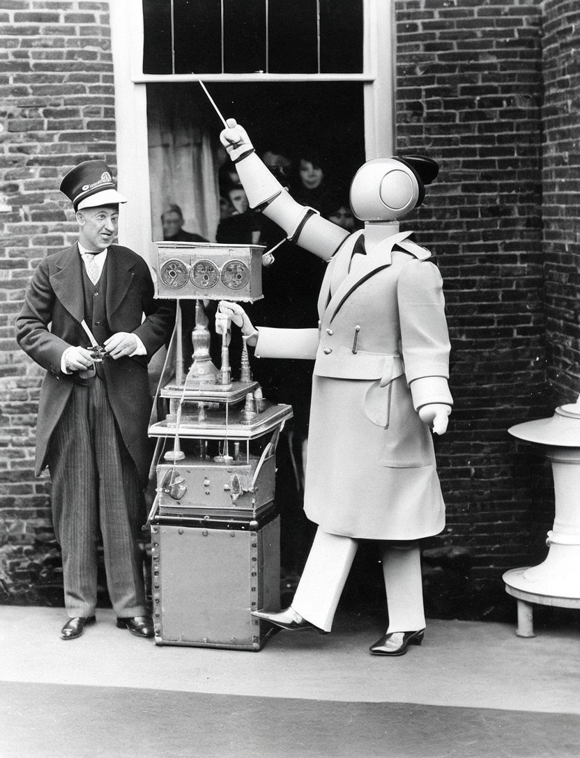 Monochrome photo: person in helmet and coat gesturing near brick building