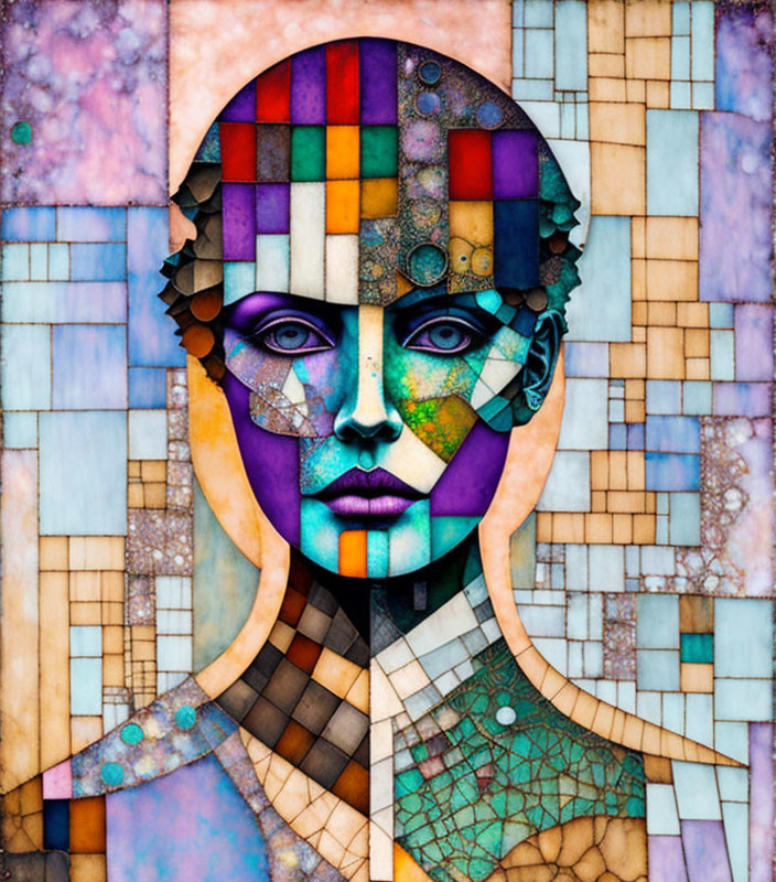 Colorful Cubist and Mosaic-Inspired Face Art with Geometric Patterns