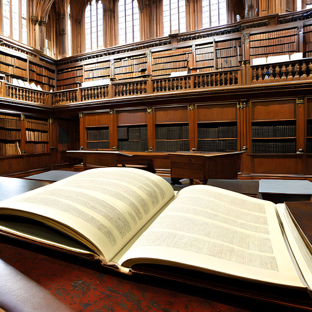 Wood-paneled library with open book on table