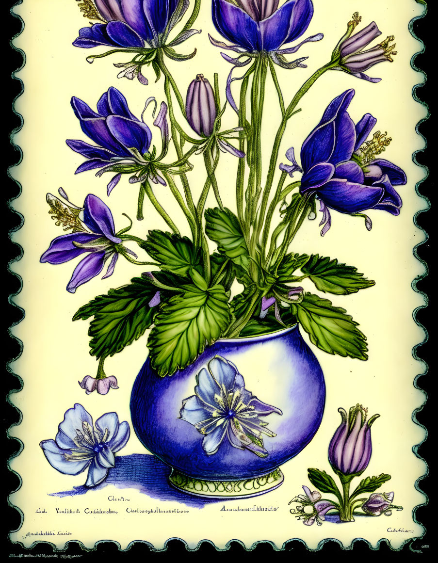 Blue Flowers and Green Foliage in Sapphire Vase on Cream Background